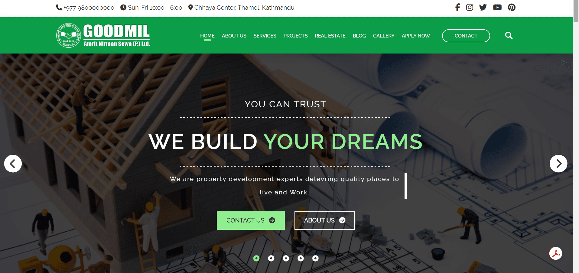 GoodMil Amrit Nirman Sewa official website showcasing construction projects and real estate listings